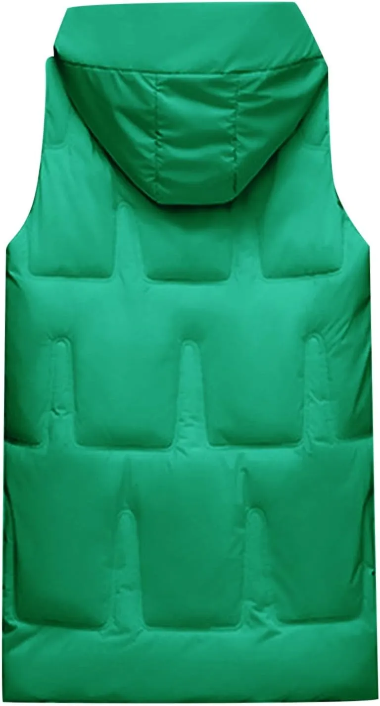 iLH Womens Winter Solid Color Sleeveless Jacket Vest Long Hoodie Warm Down Jacket with Pockets Quilted Outdoor Jacket Zip