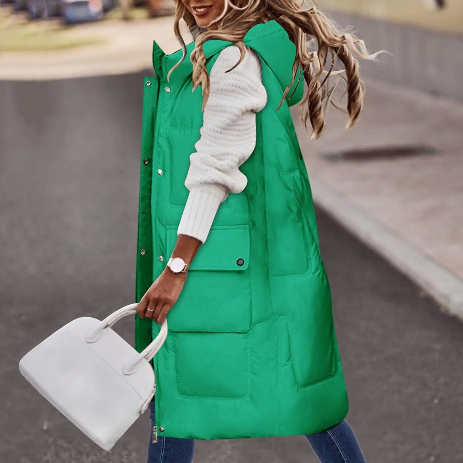 iLH Womens Winter Solid Color Sleeveless Jacket Vest Long Hoodie Warm Down Jacket with Pockets Quilted Outdoor Jacket Zip