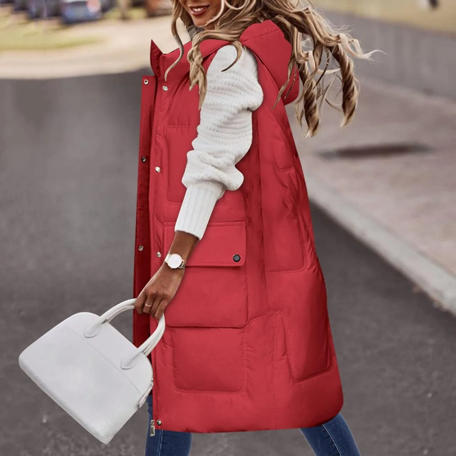iLH Womens Winter Solid Color Sleeveless Jacket Vest Long Hoodie Warm Down Jacket with Pockets Quilted Outdoor Jacket Zip
