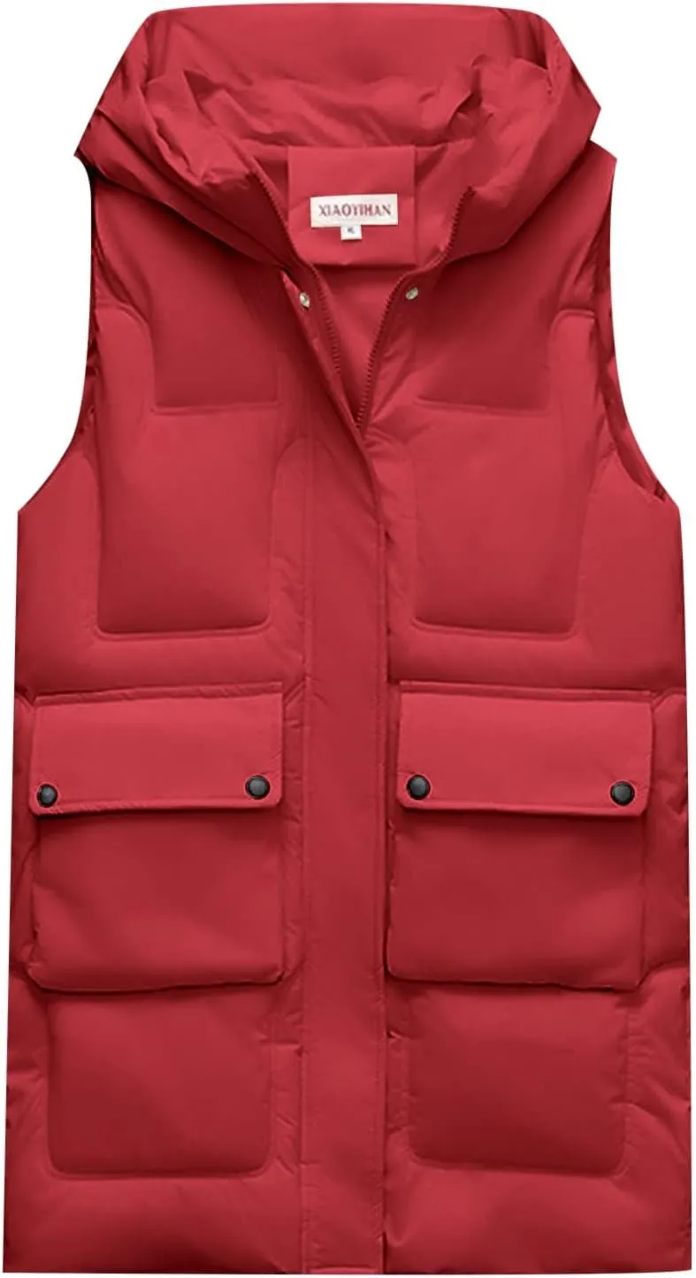 iLH Womens Winter Solid Color Sleeveless Jacket Vest Long Hoodie Warm Down Jacket with Pockets Quilted Outdoor Jacket Zip