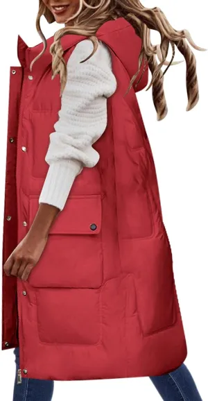iLH Womens Winter Solid Color Sleeveless Jacket Vest Long Hoodie Warm Down Jacket with Pockets Quilted Outdoor Jacket Zip