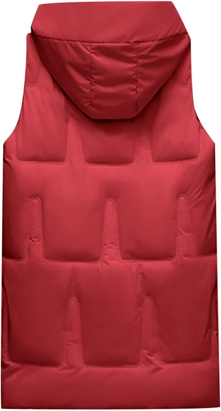iLH Womens Winter Solid Color Sleeveless Jacket Vest Long Hoodie Warm Down Jacket with Pockets Quilted Outdoor Jacket Zip