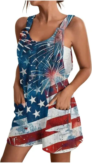 Independence Day Rompers for Women Casual Wide Leg Jumpsuits Loose Fit Sleeveless Overall with Pockets 2025