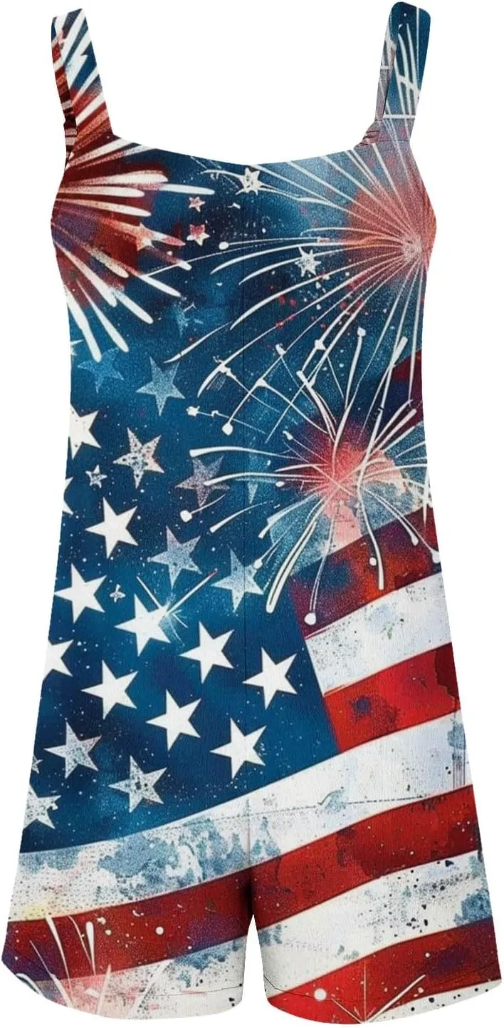 Independence Day Rompers for Women Casual Wide Leg Jumpsuits Loose Fit Sleeveless Overall with Pockets 2025