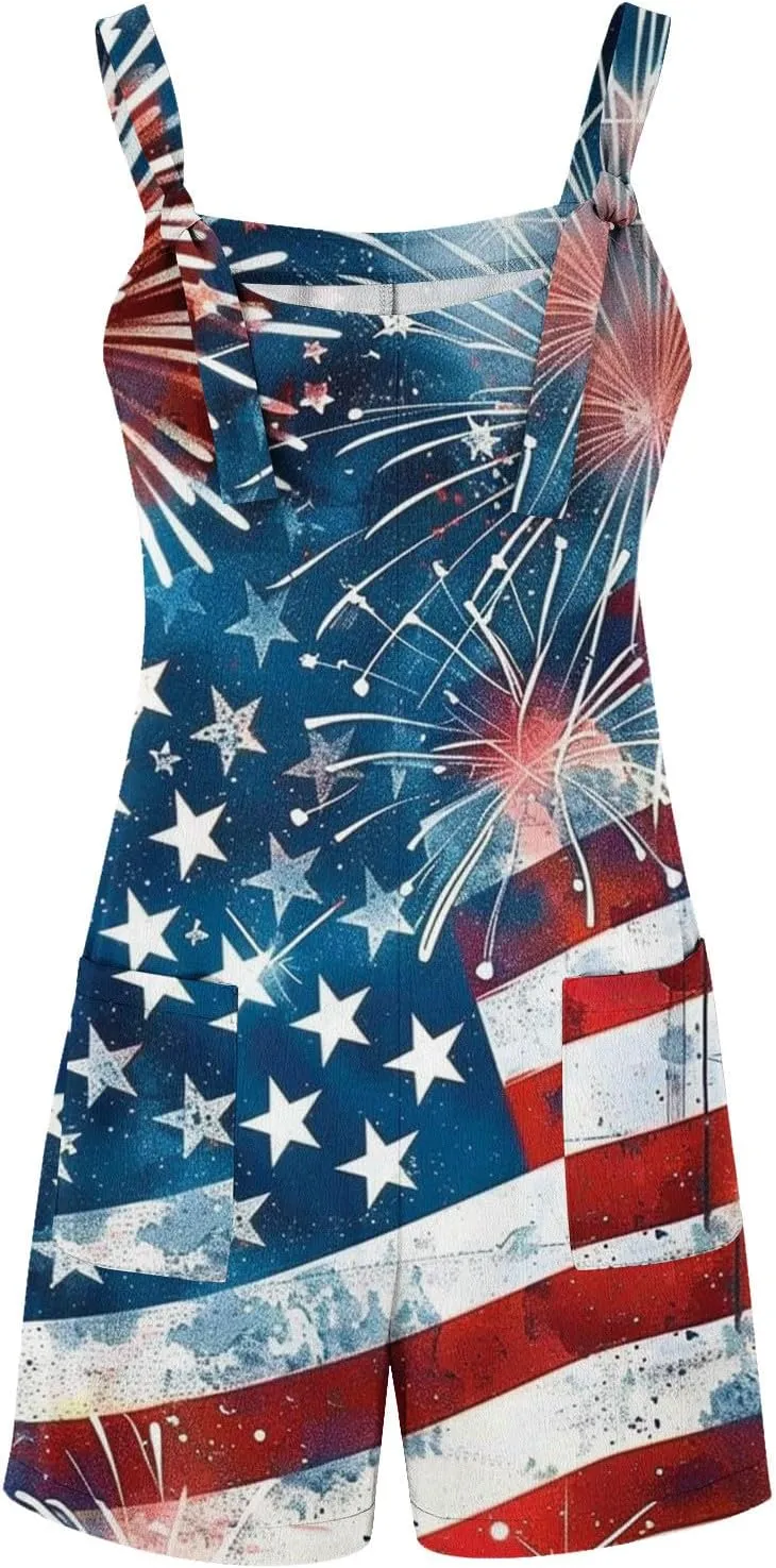 Independence Day Rompers for Women Casual Wide Leg Jumpsuits Loose Fit Sleeveless Overall with Pockets 2025