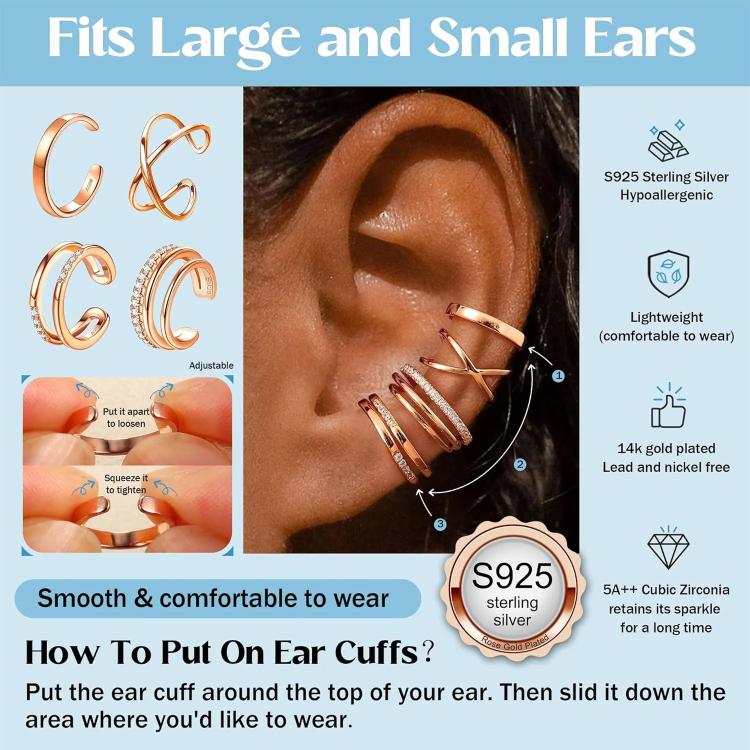 JeryWe 4 Pcs 925 Sterling Silver Ear Cuff for Women Non Piercing Adjustable Ear Cuff Earrings Clip On Cartilage Helix Wrap Ear Jewelry Set