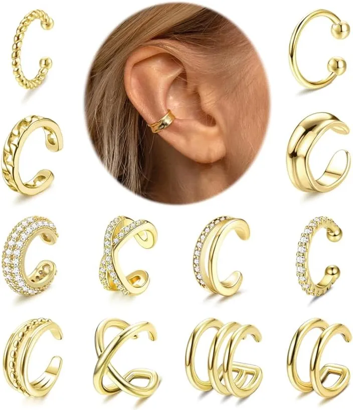 JeryWe 9/12/16 Pcs Gold Ear Cuffs for Women Non Piercing Jewelry 14k Gold Plated Adjustable/Chunky Hollow 4-7MM Ear Cuff Lightweight Trendy Thick Gold Jewelry Non-tarnish Clip on Cartilage Earrings