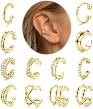 JeryWe 9/12/16 Pcs Gold Ear Cuffs for Women Non Piercing Jewelry 14k Gold Plated Adjustable/Chunky Hollow 4-7MM Ear Cuff Lightweight Trendy Thick Gold Jewelry Non-tarnish Clip on Cartilage Earrings