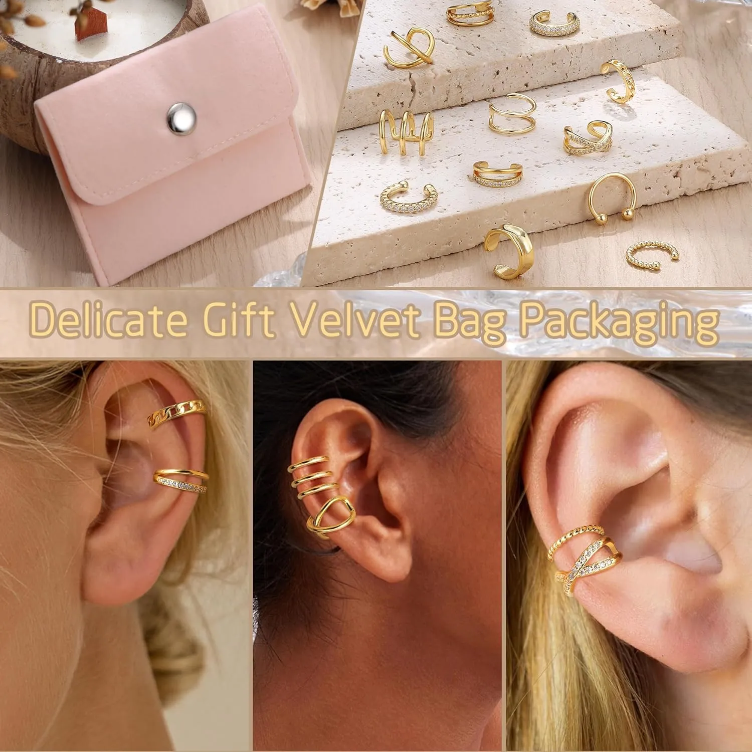 JeryWe 9/12/16 Pcs Gold Ear Cuffs for Women Non Piercing Jewelry 14k Gold Plated Adjustable/Chunky Hollow 4-7MM Ear Cuff Lightweight Trendy Thick Gold Jewelry Non-tarnish Clip on Cartilage Earrings
