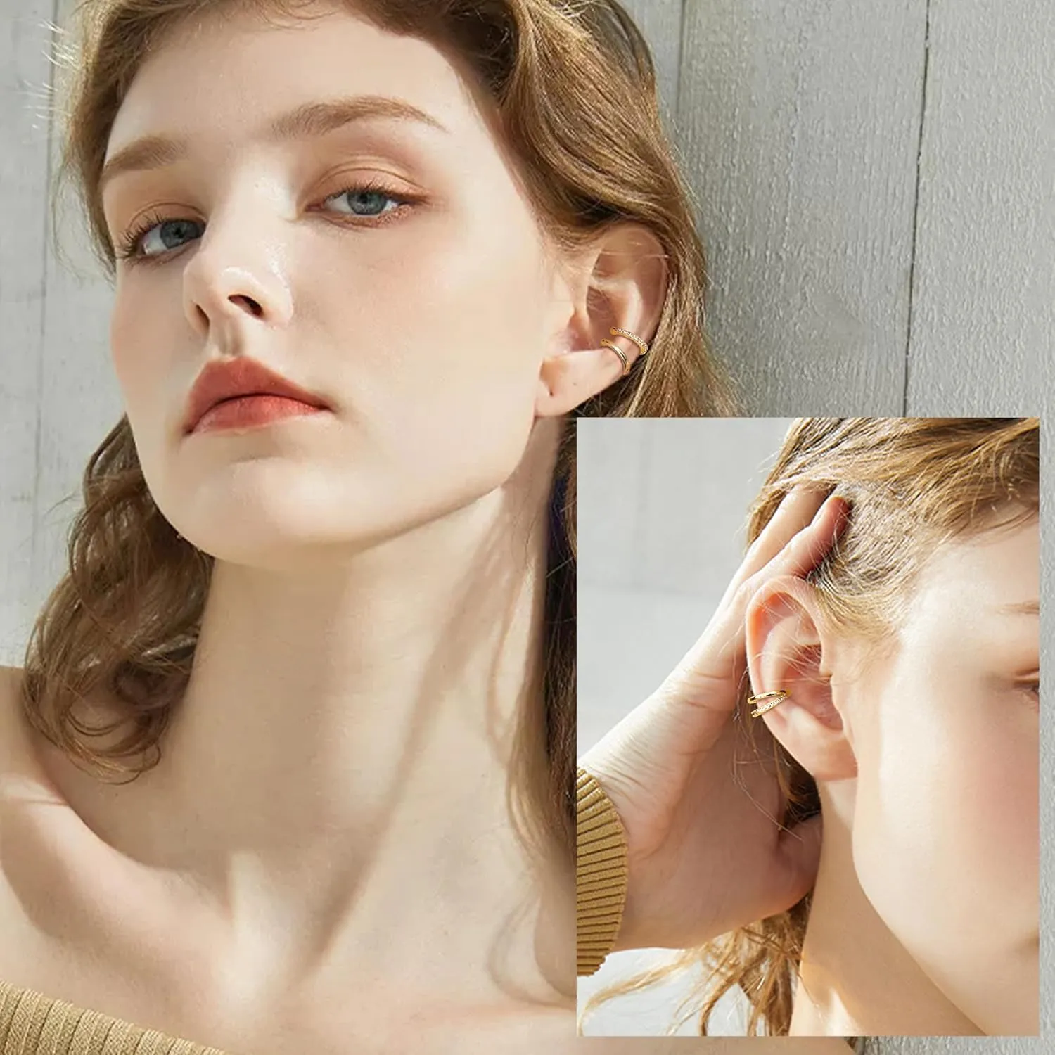 JeryWe Chunky Ear Cuff for Women - 14K Gold Plated Huggie Hoop, Faux Diamond Non Piercing Cuff Earrings, Clip On Elegant Ear Clips, Cartilage Wrap, Fashionable Fake Earring Cuffs for Non Pierced Ears