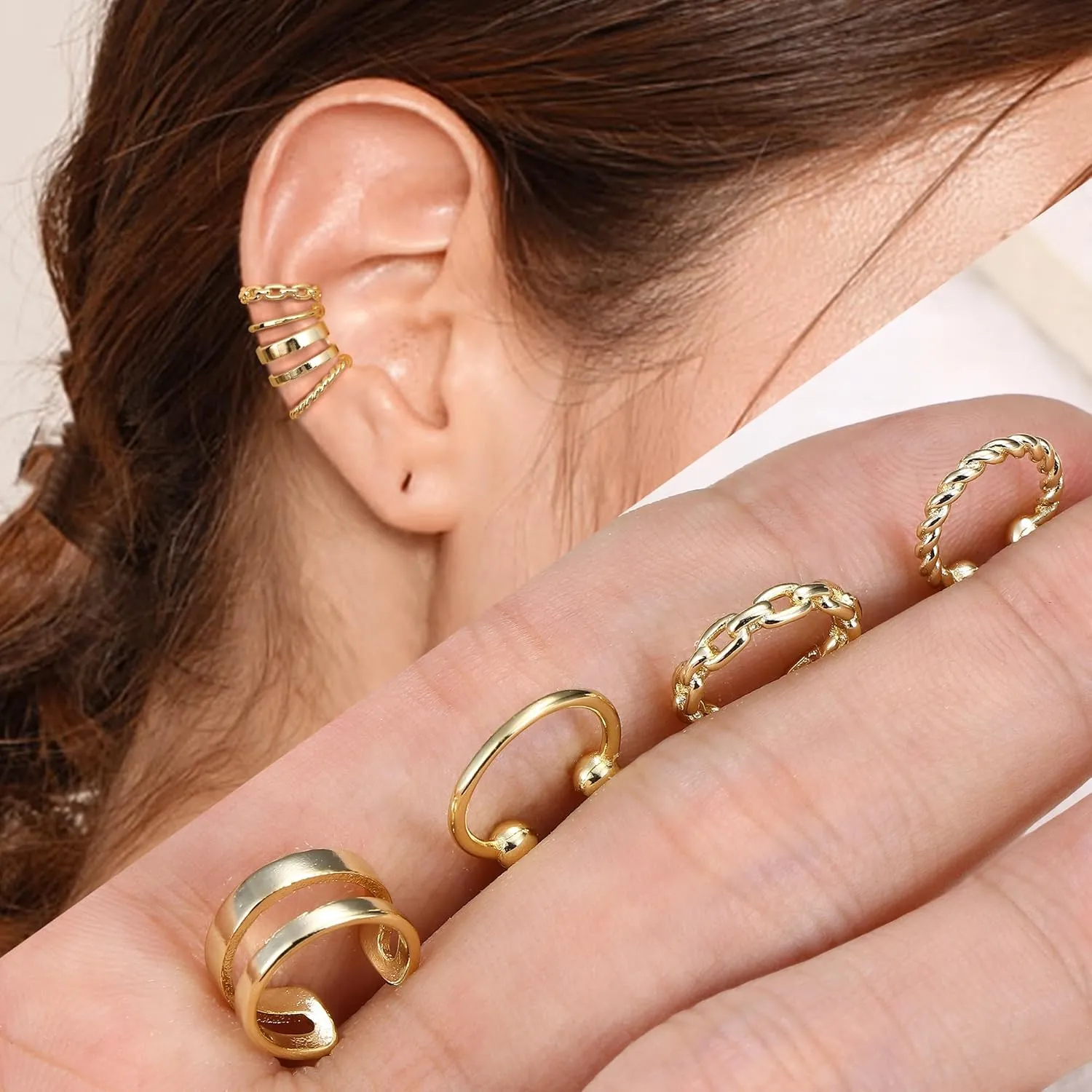 JeryWe Chunky Ear Cuff for Women - 14K Gold Plated Huggie Hoop, Faux Diamond Non Piercing Cuff Earrings, Clip On Elegant Ear Clips, Cartilage Wrap, Fashionable Fake Earring Cuffs for Non Pierced Ears