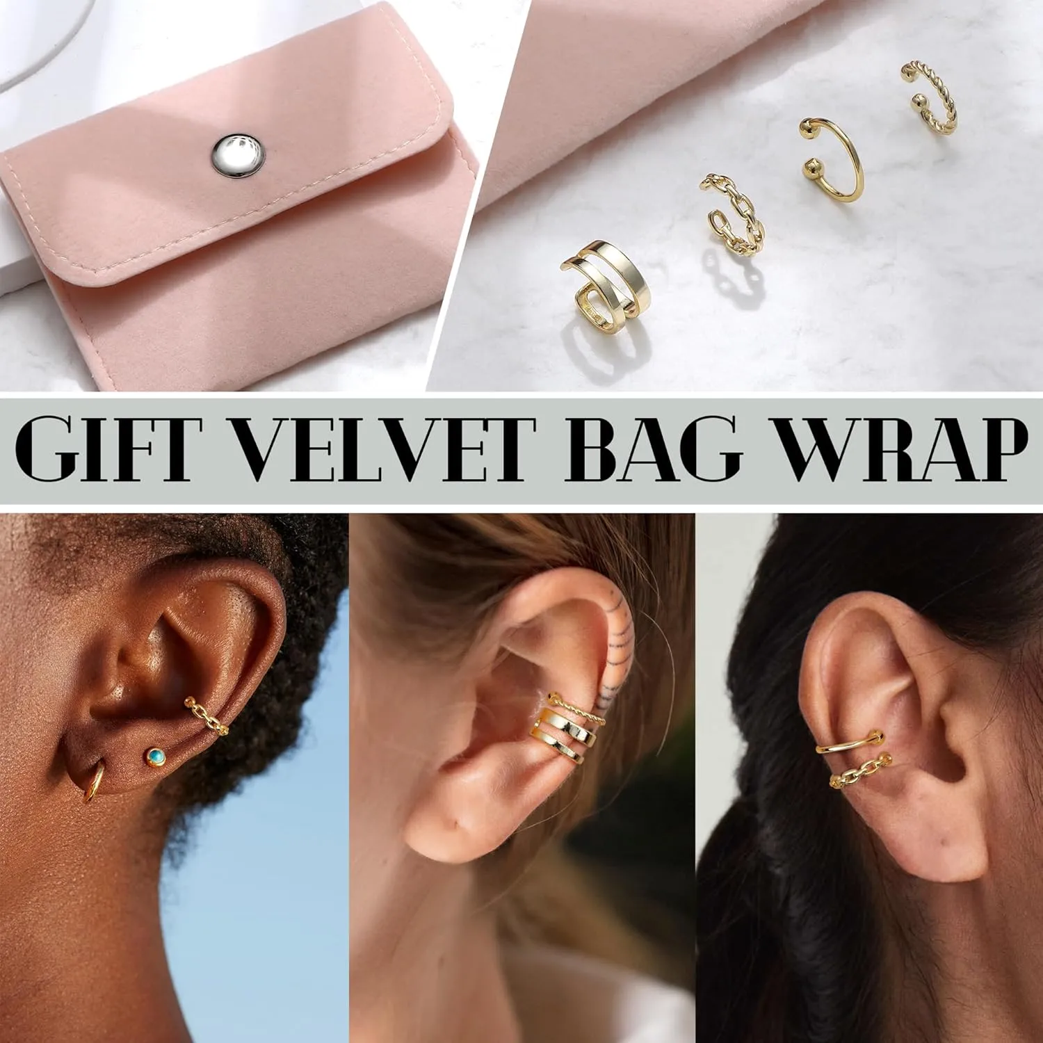 JeryWe Chunky Ear Cuff for Women - 14K Gold Plated Huggie Hoop, Faux Diamond Non Piercing Cuff Earrings, Clip On Elegant Ear Clips, Cartilage Wrap, Fashionable Fake Earring Cuffs for Non Pierced Ears
