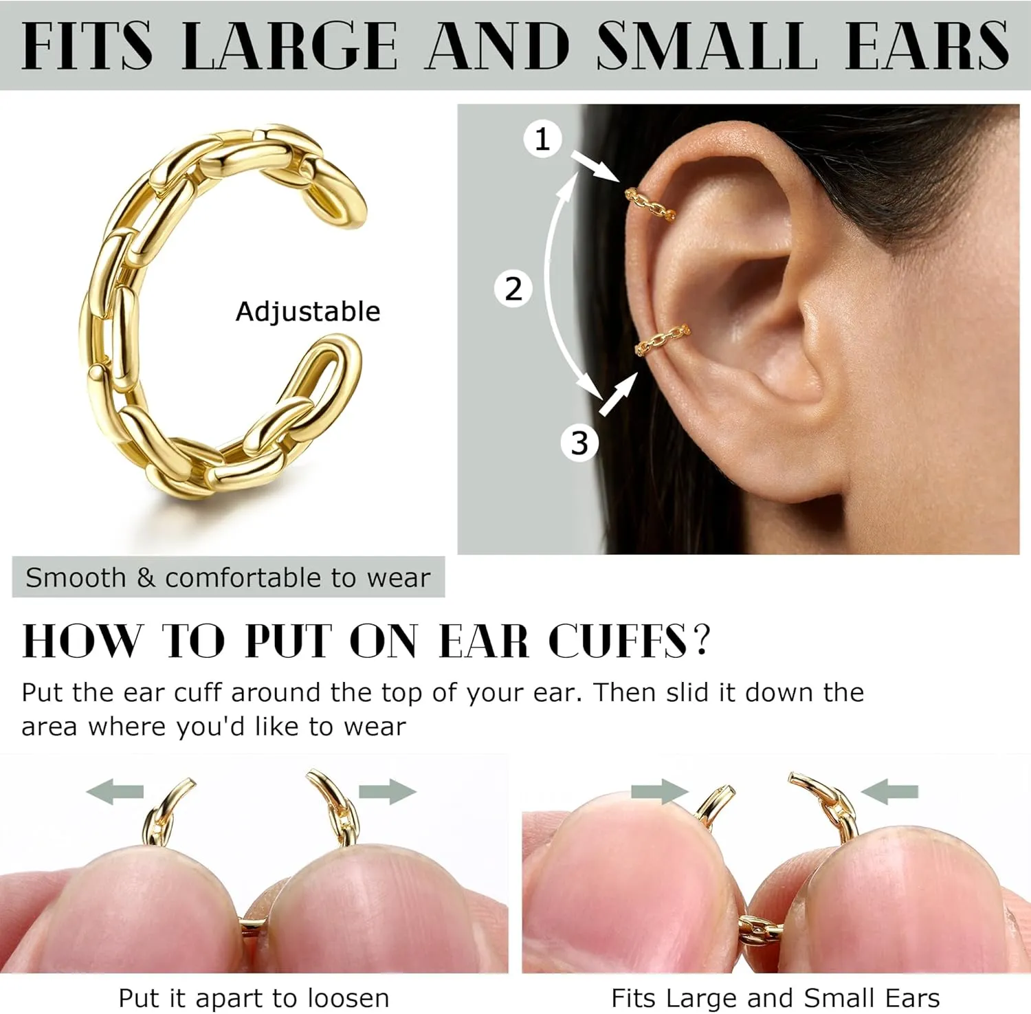 JeryWe Chunky Ear Cuff for Women - 14K Gold Plated Huggie Hoop, Faux Diamond Non Piercing Cuff Earrings, Clip On Elegant Ear Clips, Cartilage Wrap, Fashionable Fake Earring Cuffs for Non Pierced Ears