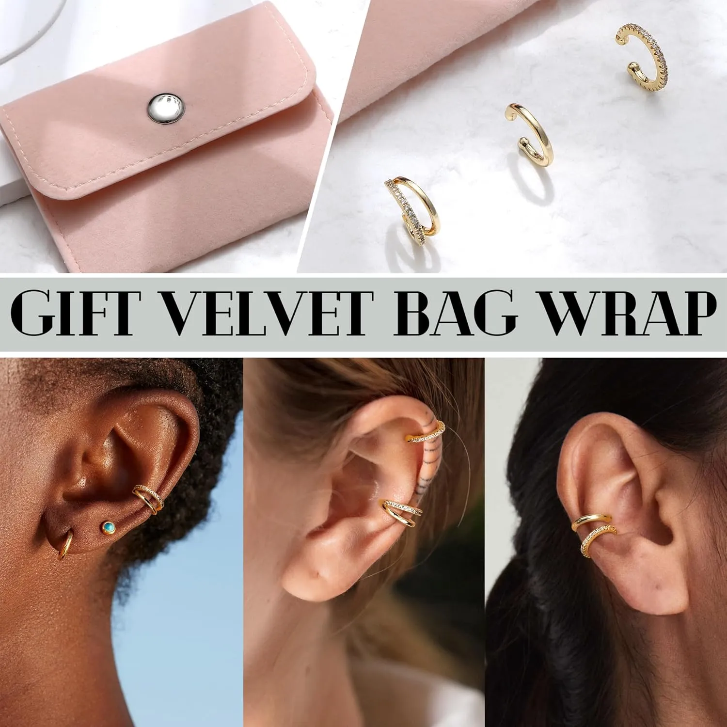 JeryWe Chunky Ear Cuff for Women - 14K Gold Plated Huggie Hoop, Faux Diamond Non Piercing Cuff Earrings, Clip On Elegant Ear Clips, Cartilage Wrap, Fashionable Fake Earring Cuffs for Non Pierced Ears