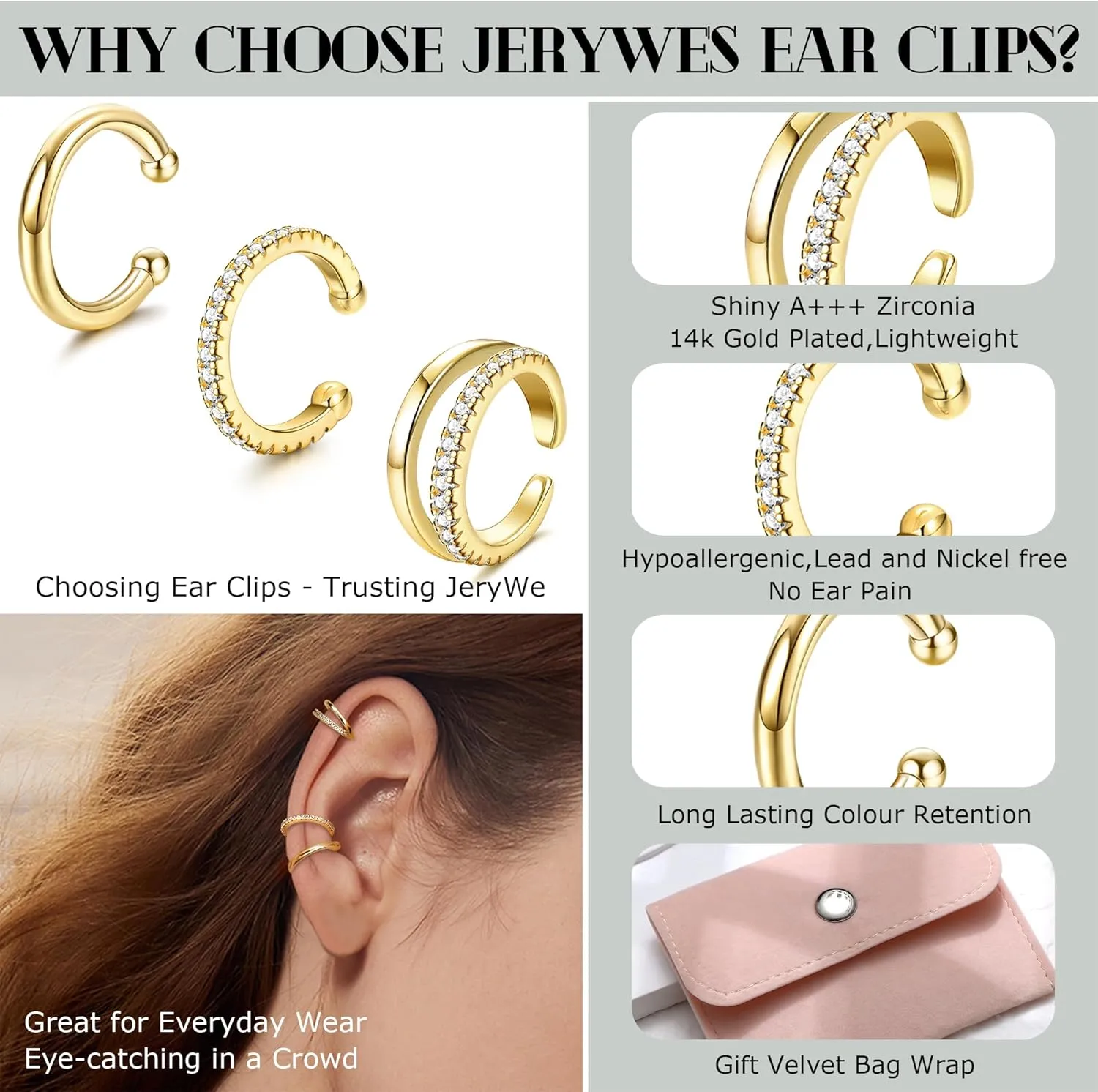 JeryWe Chunky Ear Cuff for Women - 14K Gold Plated Huggie Hoop, Faux Diamond Non Piercing Cuff Earrings, Clip On Elegant Ear Clips, Cartilage Wrap, Fashionable Fake Earring Cuffs for Non Pierced Ears