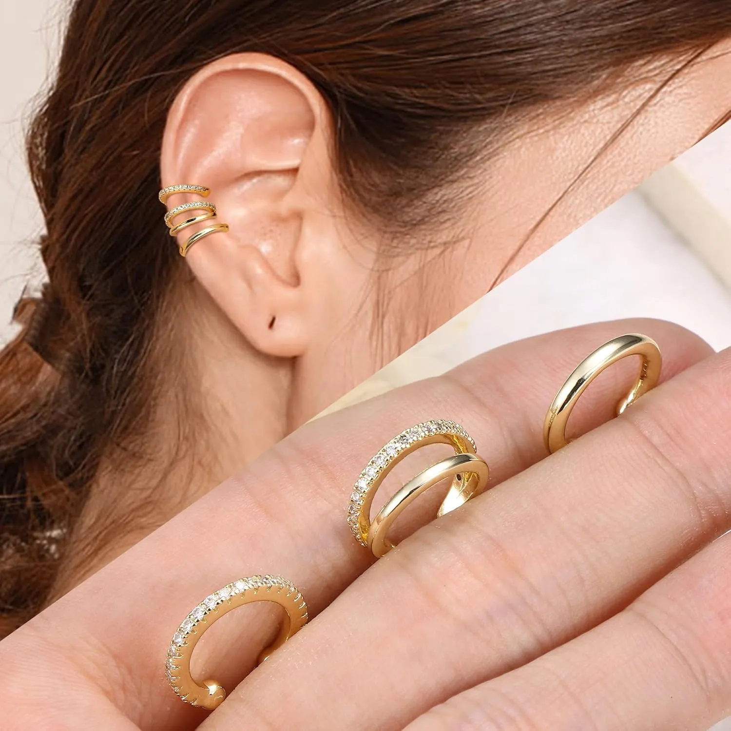 JeryWe Chunky Ear Cuff for Women - 14K Gold Plated Huggie Hoop, Faux Diamond Non Piercing Cuff Earrings, Clip On Elegant Ear Clips, Cartilage Wrap, Fashionable Fake Earring Cuffs for Non Pierced Ears