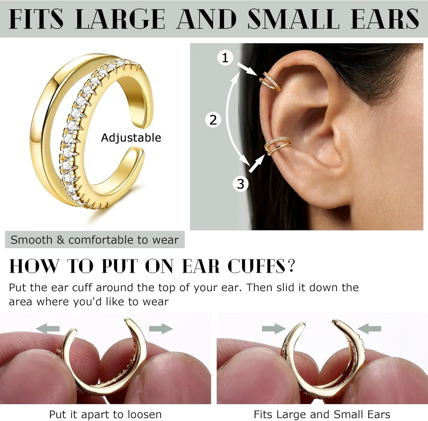 JeryWe Chunky Ear Cuff for Women - 14K Gold Plated Huggie Hoop, Faux Diamond Non Piercing Cuff Earrings, Clip On Elegant Ear Clips, Cartilage Wrap, Fashionable Fake Earring Cuffs for Non Pierced Ears