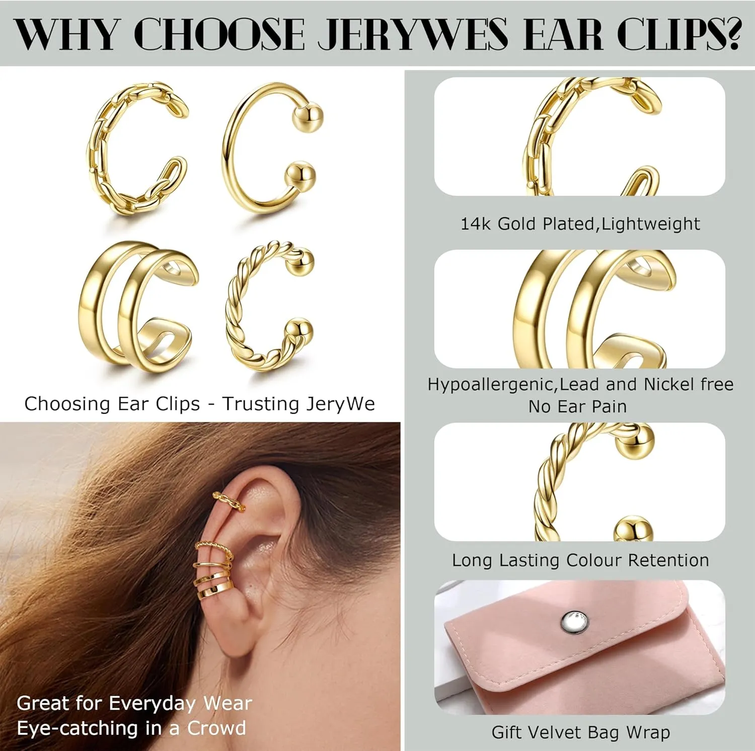 JeryWe Chunky Ear Cuff for Women - 14K Gold Plated Huggie Hoop, Faux Diamond Non Piercing Cuff Earrings, Clip On Elegant Ear Clips, Cartilage Wrap, Fashionable Fake Earring Cuffs for Non Pierced Ears