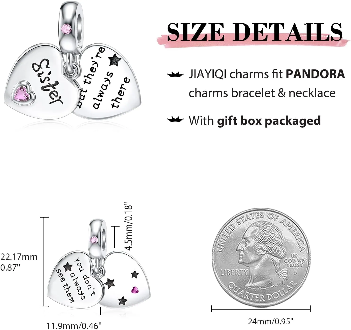 JIAYIQI Mother Sister Daughter Wife Charms Fit Charms Bracelet Necklace with Double Heart Love Charms 925 Sterling Silver Beads for Women Jewelry