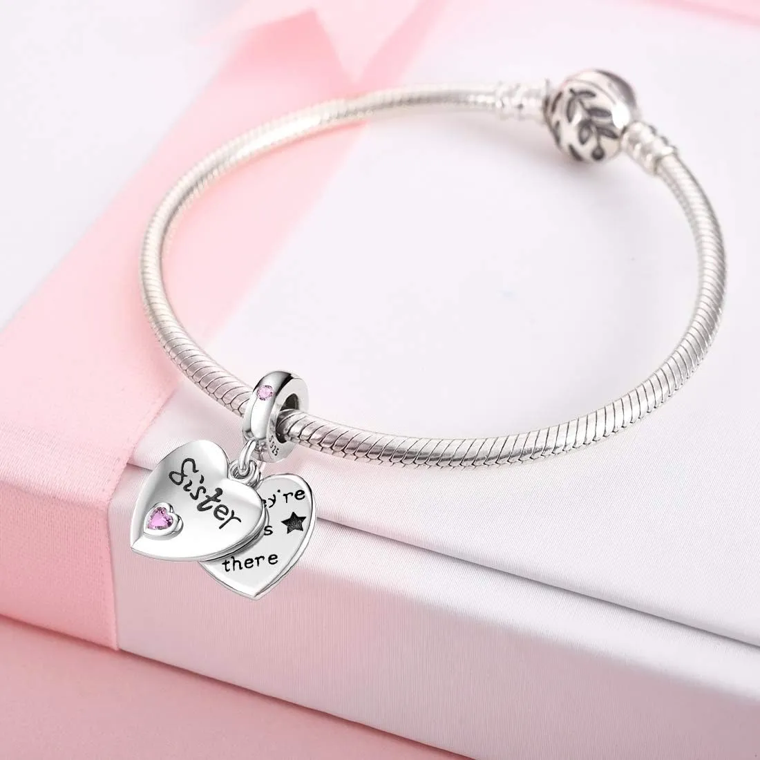 JIAYIQI Mother Sister Daughter Wife Charms Fit Charms Bracelet Necklace with Double Heart Love Charms 925 Sterling Silver Beads for Women Jewelry