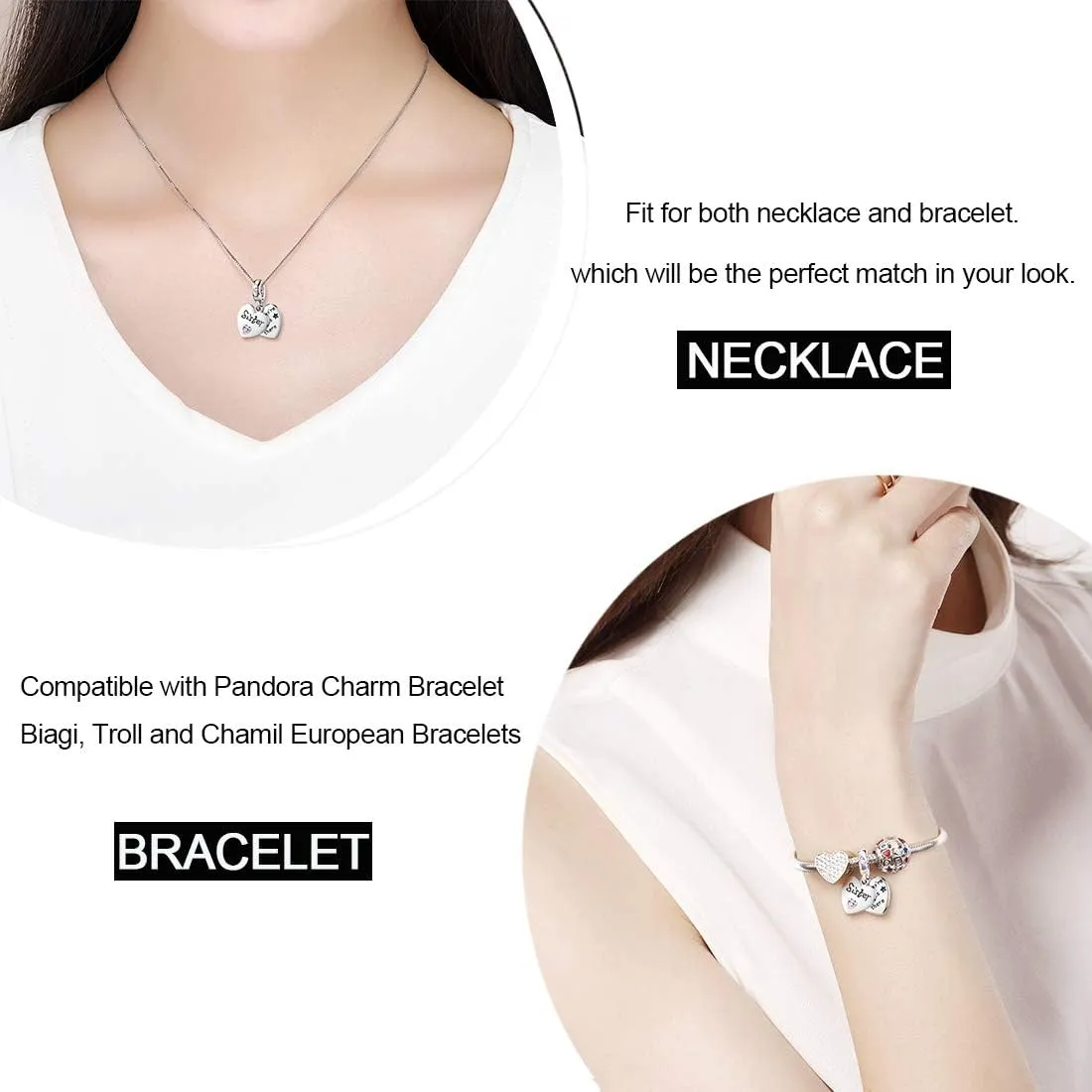 JIAYIQI Mother Sister Daughter Wife Charms Fit Charms Bracelet Necklace with Double Heart Love Charms 925 Sterling Silver Beads for Women Jewelry