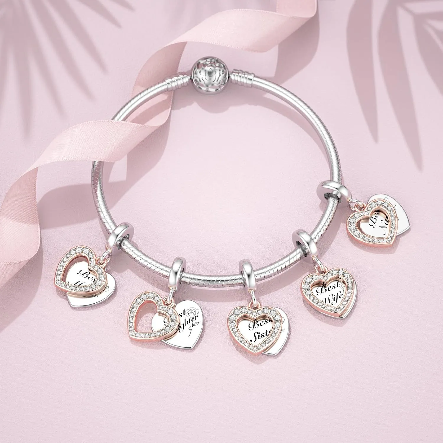 JIAYIQI Mother Sister Daughter Wife Charms Fit Charms Bracelet Necklace with Double Heart Love Charms 925 Sterling Silver Beads for Women Jewelry