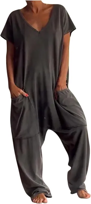 JOAU Women's Casual Short Sleeve V Neck Wide Leg Harem Pant Romper Jumpsuits Loose One Piece Holiday Outfits with Pockets