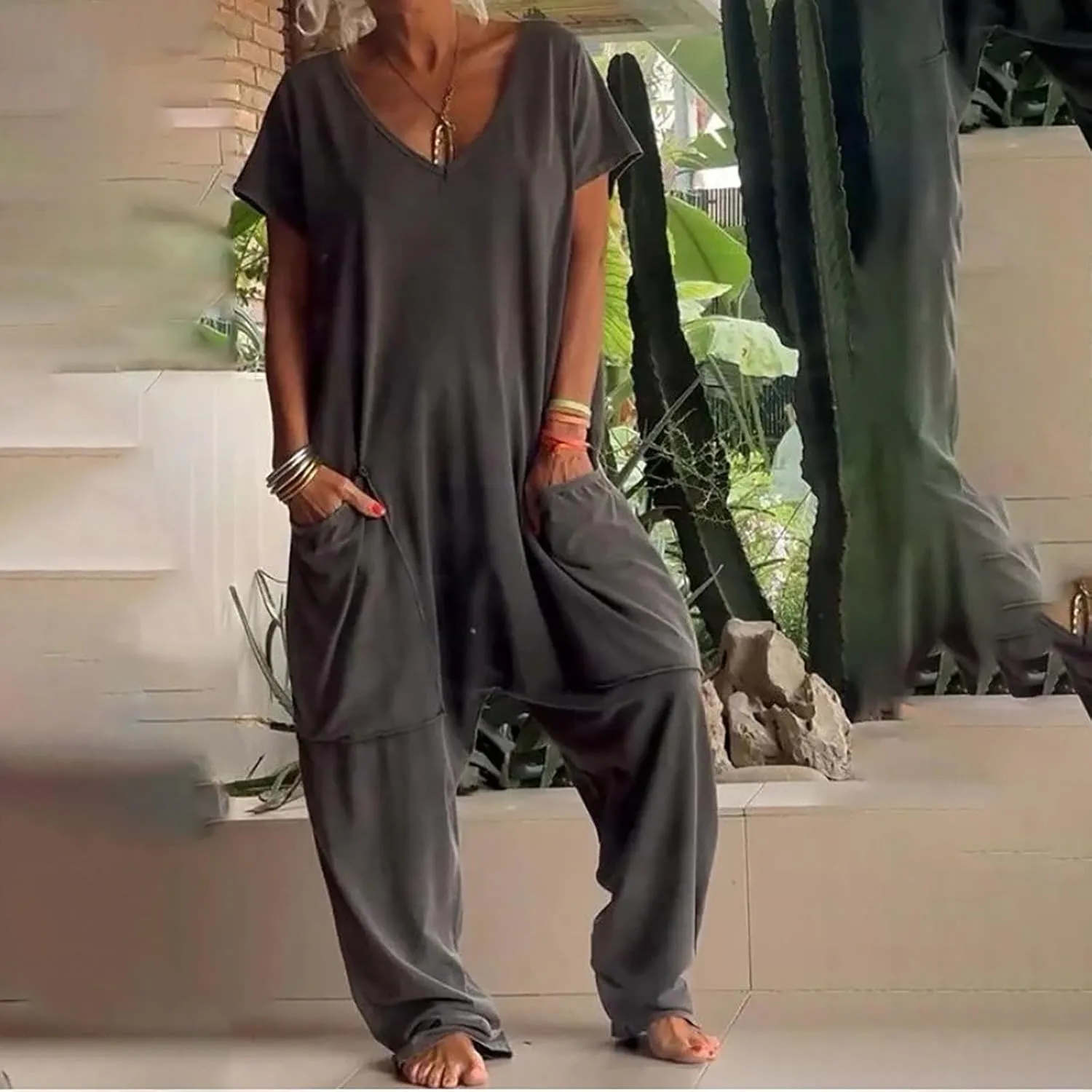 JOAU Women's Casual Short Sleeve V Neck Wide Leg Harem Pant Romper Jumpsuits Loose One Piece Holiday Outfits with Pockets