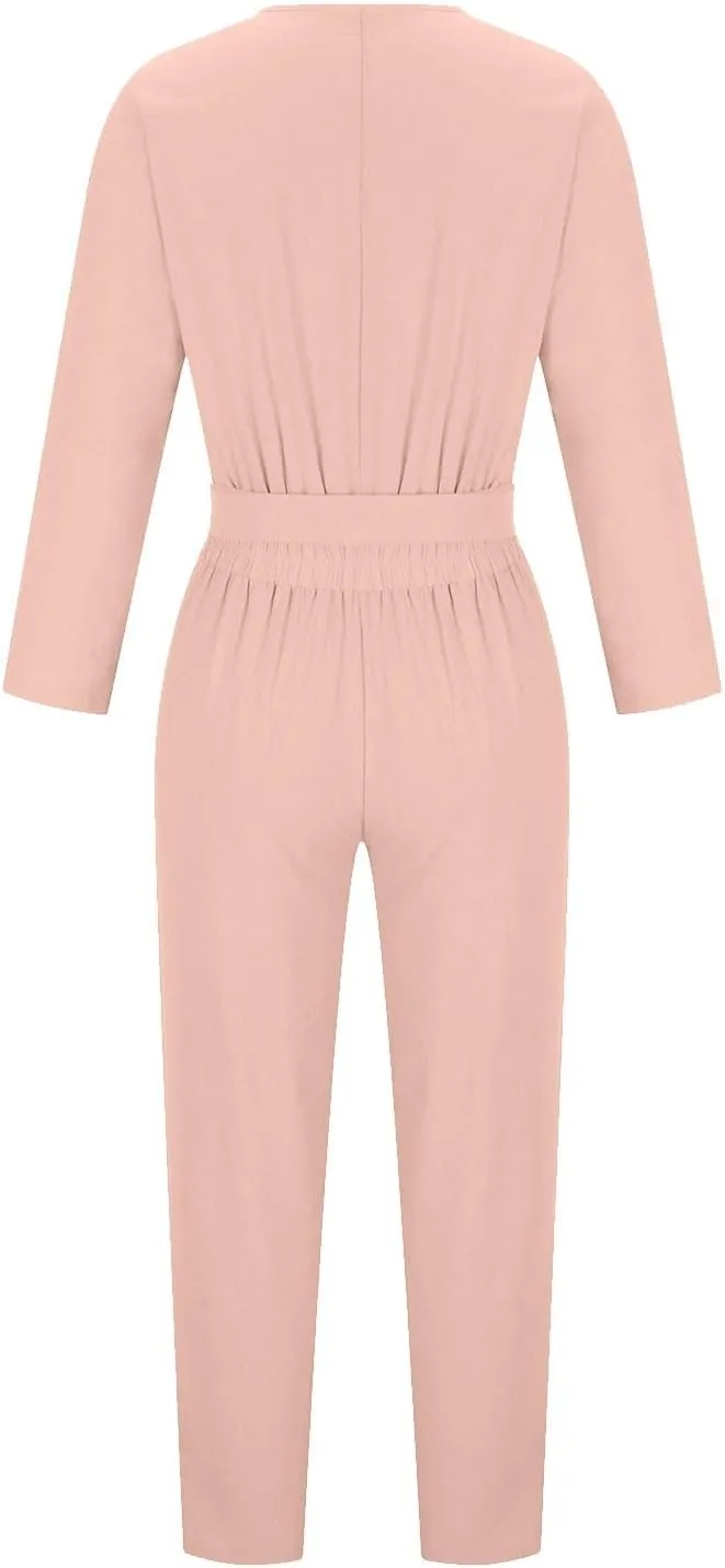 JOAU Women's Cotton Linen Jumpsuits V-Neck Button Up Long Sleeve Belted Waist Wide Leg Loose Casual Rompers with Pockets