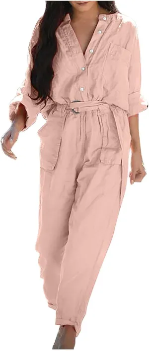 JOAU Women's Cotton Linen Jumpsuits V-Neck Button Up Long Sleeve Belted Waist Wide Leg Loose Casual Rompers with Pockets