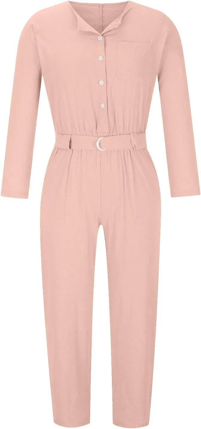 JOAU Women's Cotton Linen Jumpsuits V-Neck Button Up Long Sleeve Belted Waist Wide Leg Loose Casual Rompers with Pockets