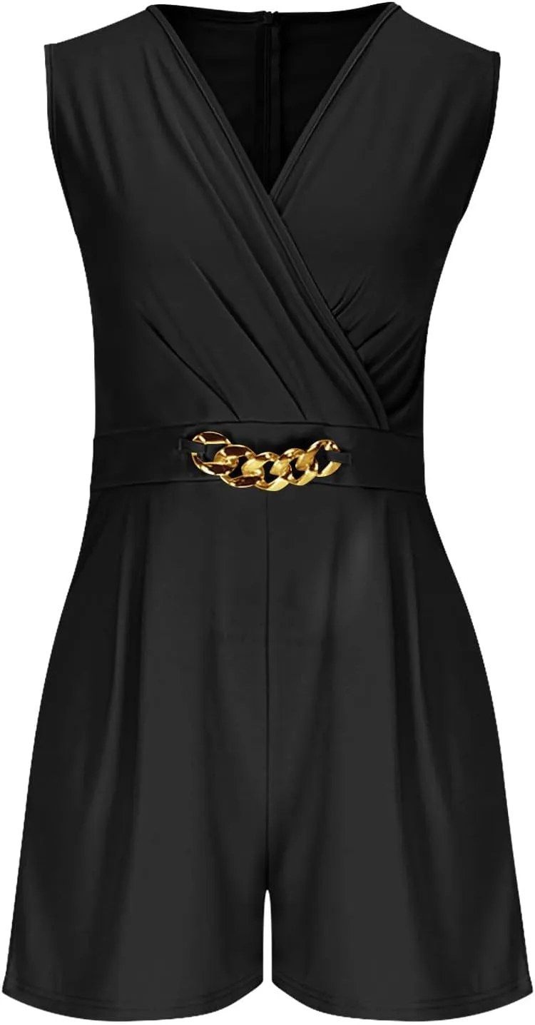 JOAU Women's Summer Sleeveless Dressy Romper Wrap V Neck Chain Waisted Pleated Elegant One Piece Shorts Jumpsuit with Pockets