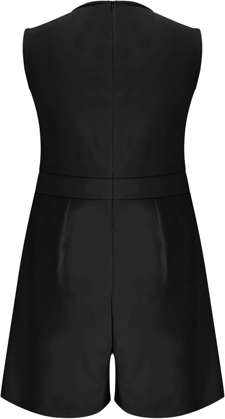 JOAU Women's Summer Sleeveless Dressy Romper Wrap V Neck Chain Waisted Pleated Elegant One Piece Shorts Jumpsuit with Pockets