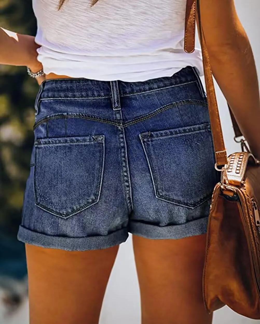 JOCAFIYE Womens Shorts Stretchy Ripped Jean Shorts High Waisted Folded Hem Shorts for Women