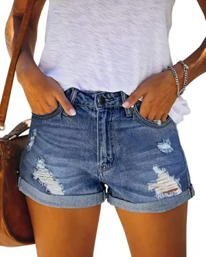 JOCAFIYE Womens Shorts Stretchy Ripped Jean Shorts High Waisted Folded Hem Shorts for Women