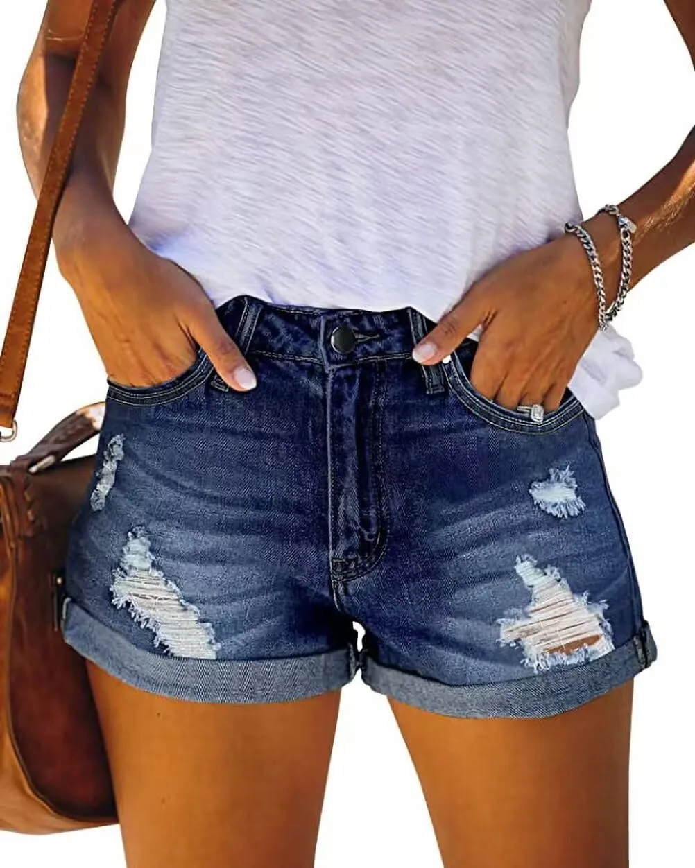 JOCAFIYE Womens Shorts Stretchy Ripped Jean Shorts High Waisted Folded Hem Shorts for Women
