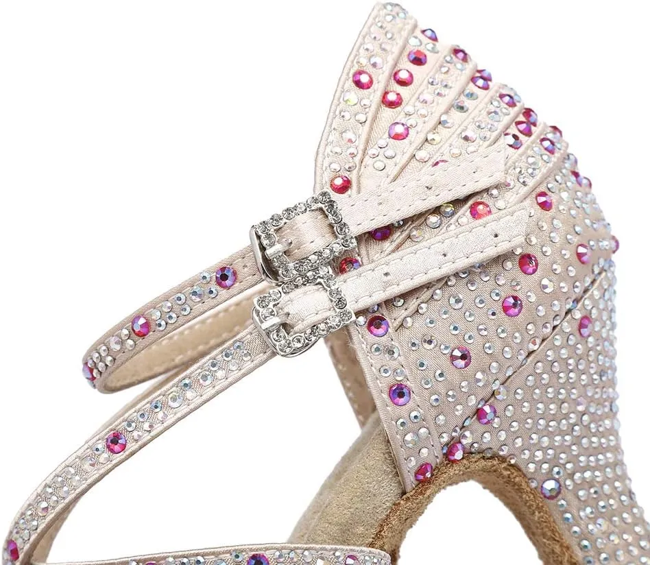 JUODVMP Ballroom Dance Shoes Women Latin Dance Shoes with Rhinestone