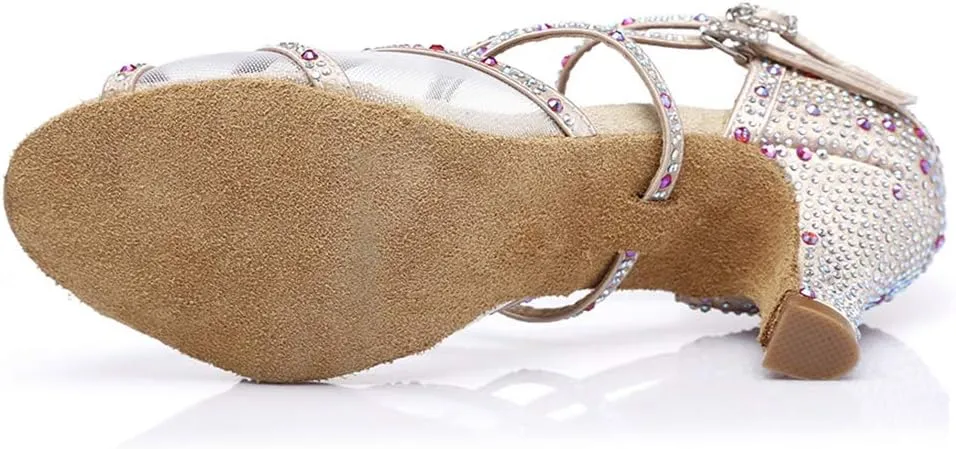 JUODVMP Ballroom Dance Shoes Women Latin Dance Shoes with Rhinestone