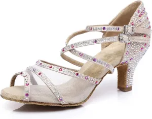 JUODVMP Ballroom Dance Shoes Women Latin Dance Shoes with Rhinestone
