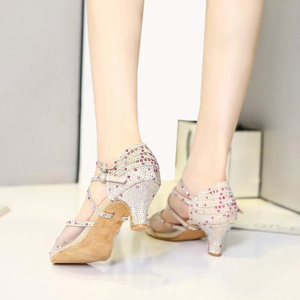 JUODVMP Ballroom Dance Shoes Women Latin Dance Shoes with Rhinestone