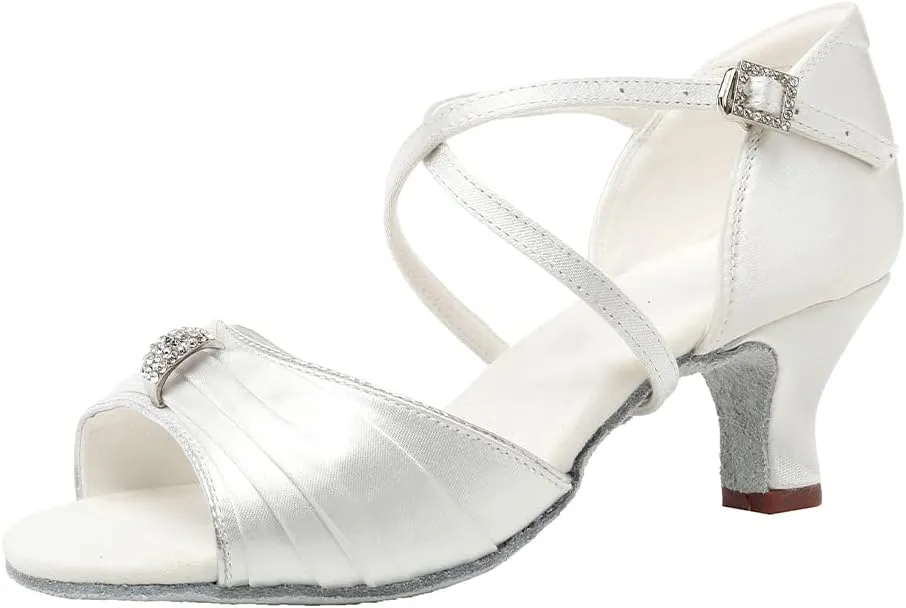 JUODVMP Latin Ballroom Dance Shoes Women Professional Dancing Heels Practice Heels 2inch,Model3037,White 5US