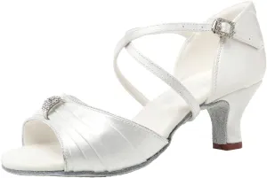 JUODVMP Latin Ballroom Dance Shoes Women Professional Dancing Heels Practice Heels 2inch,Model3037,White 6US