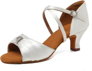 JUODVMP Latin Ballroom Dance Shoes Women Professional Dancing Heels Practice Heels 2inch,Model3037,White 8US
