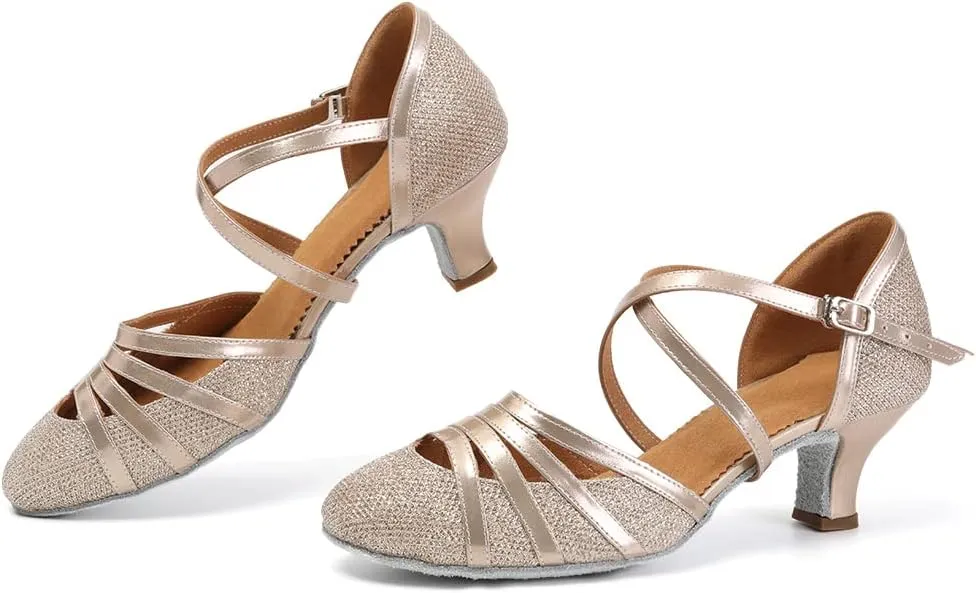JUODVMP Women's Close Toe Ballroom Dance Shoes Split Flex Dance Heels Giltter Dance Heels,FT-053