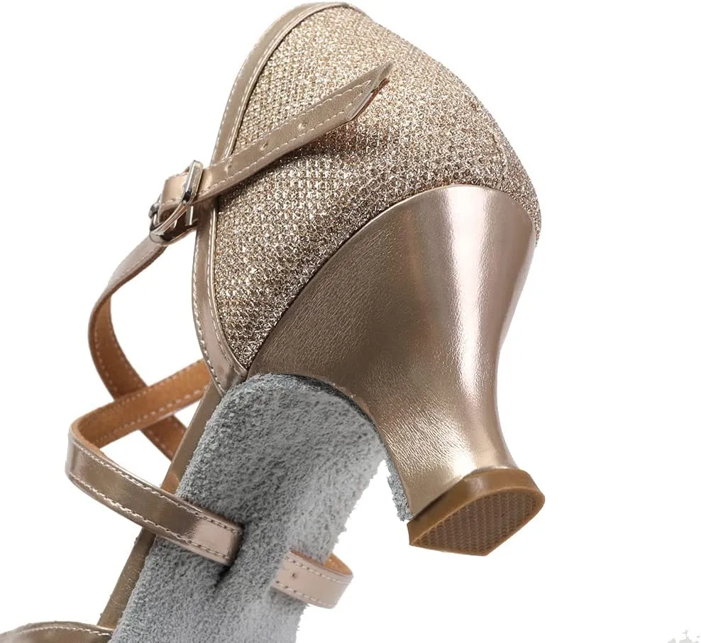 JUODVMP Women's Close Toe Ballroom Dance Shoes Split Flex Dance Heels Giltter Dance Heels,FT-053