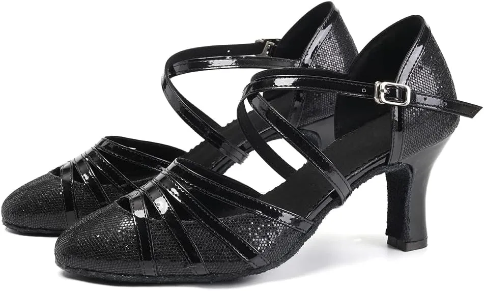 JUODVMP Women's Close Toe Ballroom Dance Shoes Split Flex Dance Heels Giltter Dance Heels,FT-053