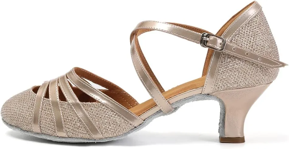 JUODVMP Women's Close Toe Ballroom Dance Shoes Split Flex Dance Heels Giltter Dance Heels,FT-053