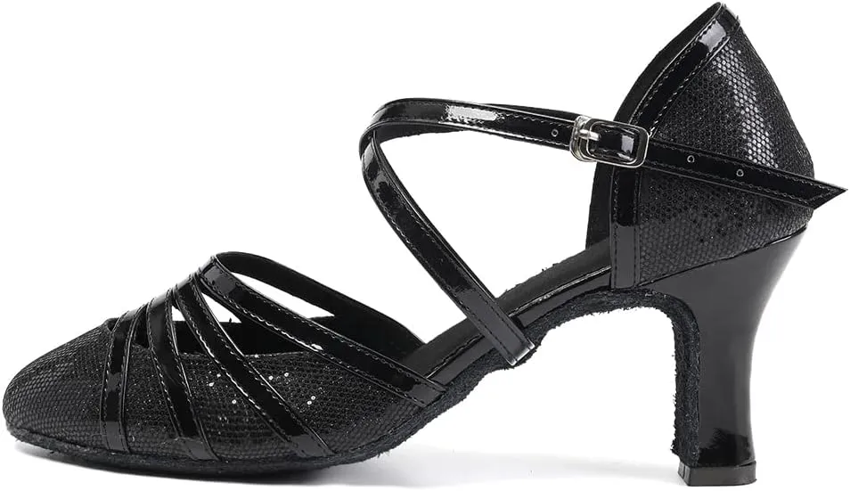 JUODVMP Women's Close Toe Ballroom Dance Shoes Split Flex Dance Heels Giltter Dance Heels,FT-053
