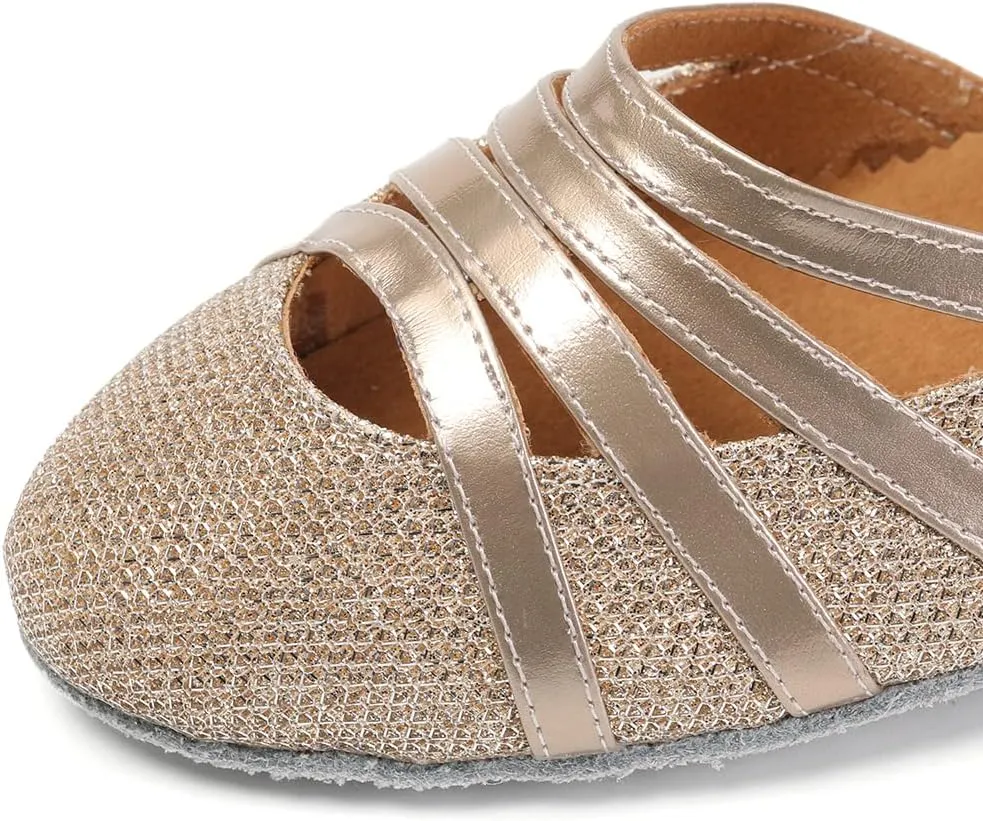JUODVMP Women's Close Toe Ballroom Dance Shoes Split Flex Dance Heels Giltter Dance Heels,FT-053