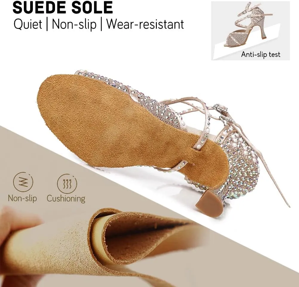 JUODVMP Women's Latin Dance Shoes Satin with Rhinestones Ballroom Dancing Shoes Salsa High Heel Shoes